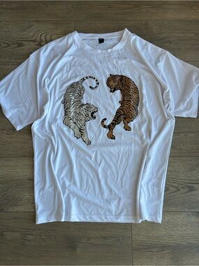White T-Shirt with Dual Tiger Graphic
